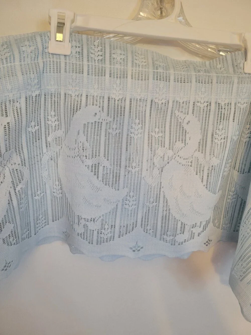 Blue Sheer Lace Café Valance Tier, Floral Pattern, Rod Pocket. Geese, Blue, 64